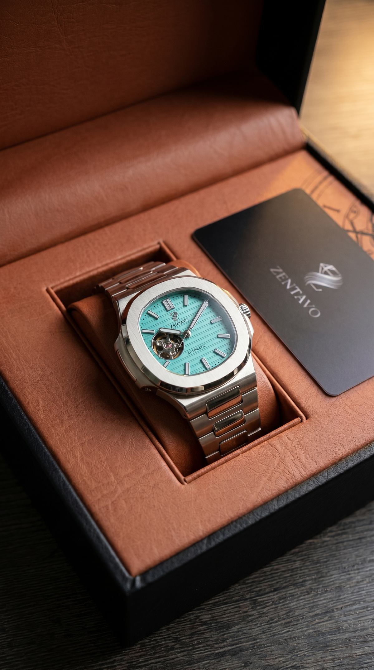 Zentavo automatic watch resting in its box, not being worn